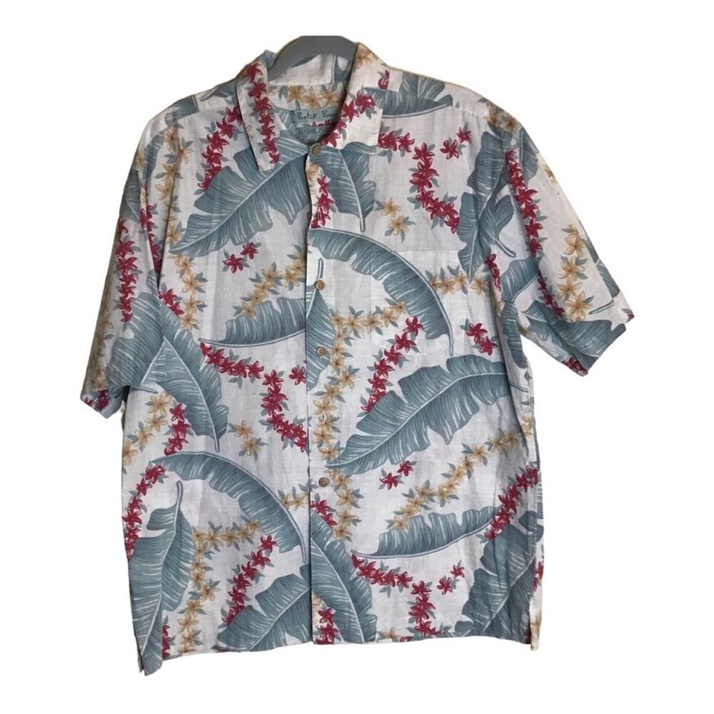 Men's Hawaiian Camp Shirt Blue Floral Palm Leaf Print 100% Cotton Sz. Large